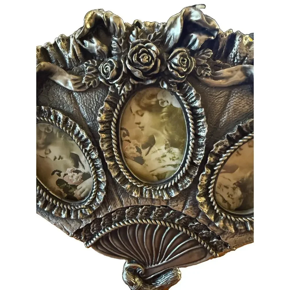 Vintage Ornate Pewter Fan Picture Frame Victorian Rose 3 Photo Stand Heavy